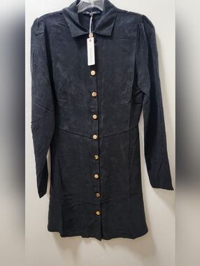 Olivaceous Boutique Black Grey Button Down Dress Cupro Long Sleeve Medium Goth